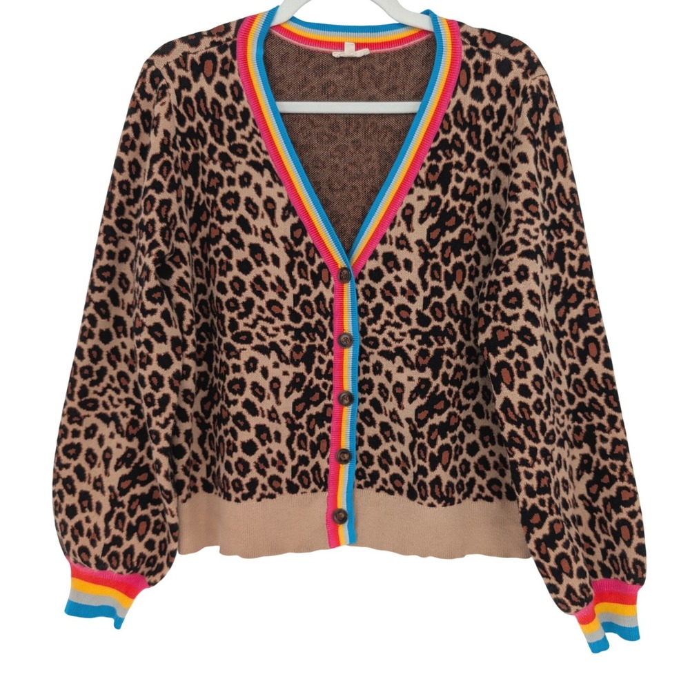Jodifl Cardigan S Brown Leopard Rainbow Trim Balloon Sleeve Maximalist Whimsical
